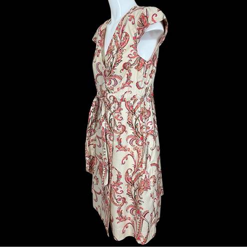 Tommy Hilfiger Paisley Print Surplice Neck Faux Wrap Belted Cotton Dress Medium