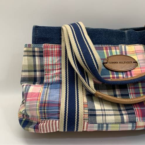 Tommy Hilfiger  Vintage Blue Canvas Denim Plaid Tote Bag