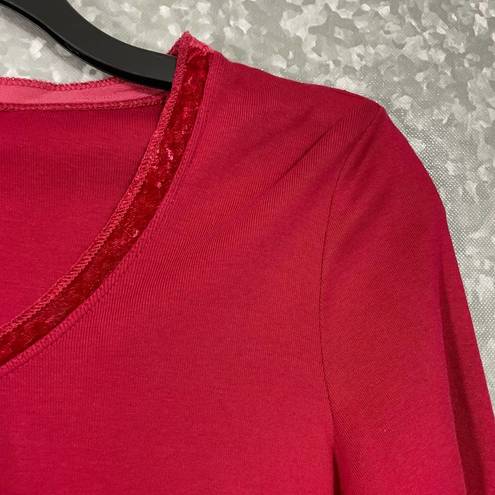 J.Jill  Red Velvet Trimmed Tee Long Sleeve T-Shirt - Size Small - Scoop Neck Top