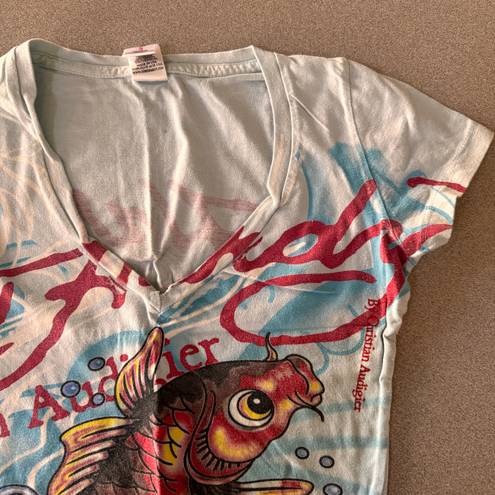 Ed Hardy Women’s  Graphic Tshirt Blue With Koi Fish - Slim Fit Size XS