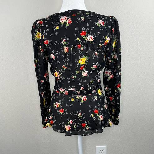 Veronica Beard  Kiona Black Floral Print Silk V-Neck Button Front Peplum Blouse 2