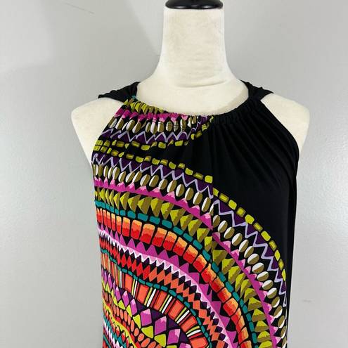 Tiana B  Black Colorful Mosaic Sunset Print Ruffle Hem Sleeveless Dress Sz S