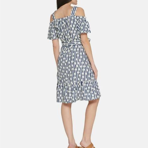 Isaac Mizrahi  TRUE DENIM Stripe & Dot Cold Shoulder Dress DARK INDIGO Size 16