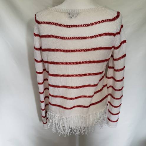 W By Worth  Womens Sweater Size S Stripe Fringe Open Knit White Red Long Sleeve