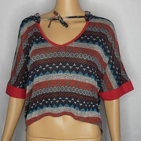 Toska  Boho Hooded Crop Sweater Top 1/2 Sleeve Hood Hoodie Ties Striped Large