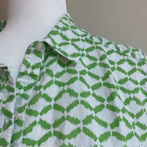 Caslon  Green Geometric Button Up Roll Tab Sleeve Women L Linen Blend Collared