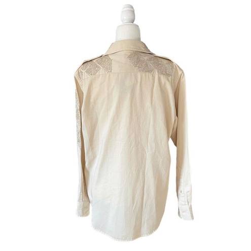 Polo  Ralph Lauren Beaded Embellished Button Down Shirt Cream Western Oxford Size
