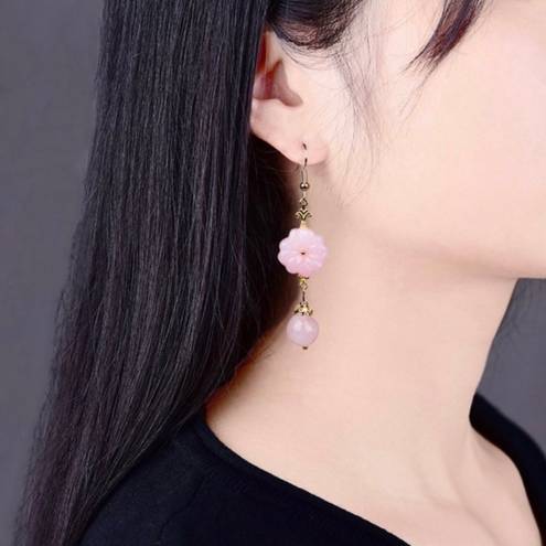 18K Gold Plated Pink Agate Flower Dangle Drop Earrings for Women,Flower Earrings