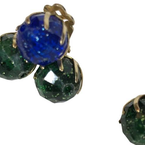 Vintage Blue  And Green Earrings, Gold Tone Clip On Faceted Plastic Glitter Beads