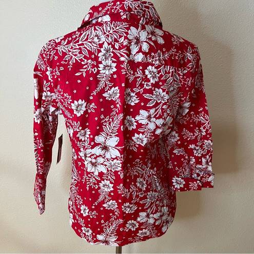 Coldwater Creek  red white Hawaiian floral shaped button down shirt NEW M petite