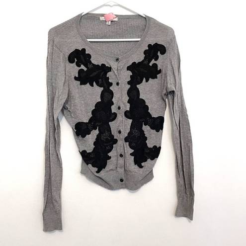 CAbi  Applique Cardigan style 100 Gray Black Crochet Cotton Button Down Sweater S