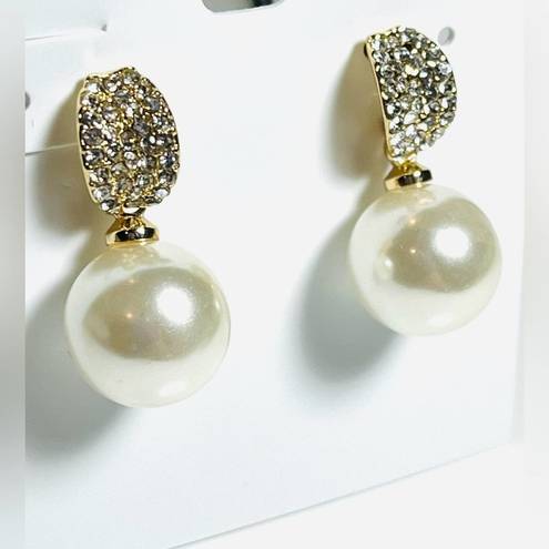 Charter Club NEW  Pearl Drop EARRINGS 1" Pave Crystal & Faux Pearl Post Back Gold