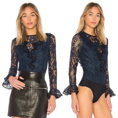 Alexis  Small Lace Bodysuit Long Ruffle Sleeve Pollie Navy Blue Black Flare Bell