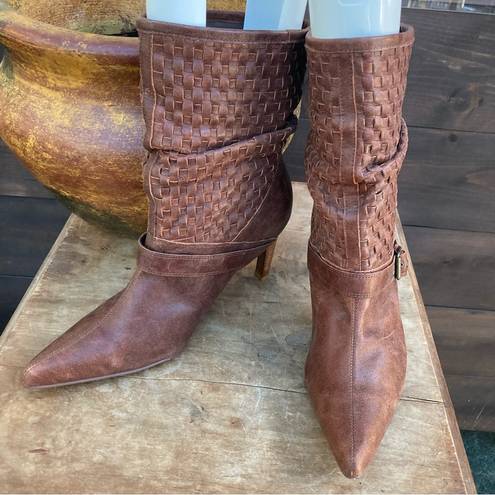 Rsvp  Heeled Boots brown woven leather western pointy buckles slouchy size 10