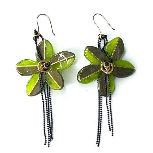 Black Bead VTG Lalo FLOWER EARRINGS 4" Dangle Drop Green Gold Resin  Chains