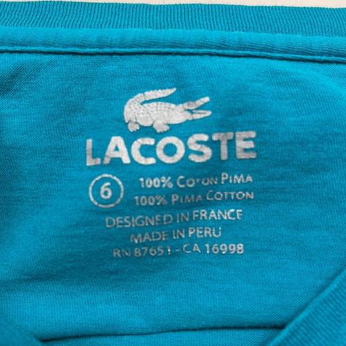 Lacoste Women's  Classic Teal V-Neck Logo Iconic Pullover Shirt Size 6 GUC #6907