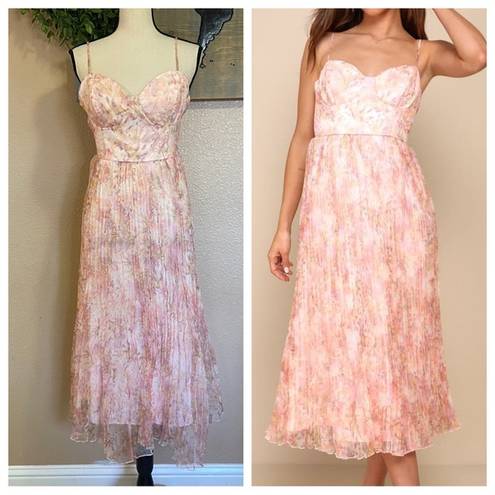 Lulus NWOT  Finest Endeavor Blush Pink Floral Pleated Bustier Midi Dress