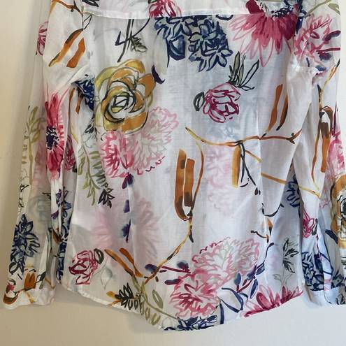 None Women’s White Floral Lightweight Silk & Cotton Button Down Shirt Size Large