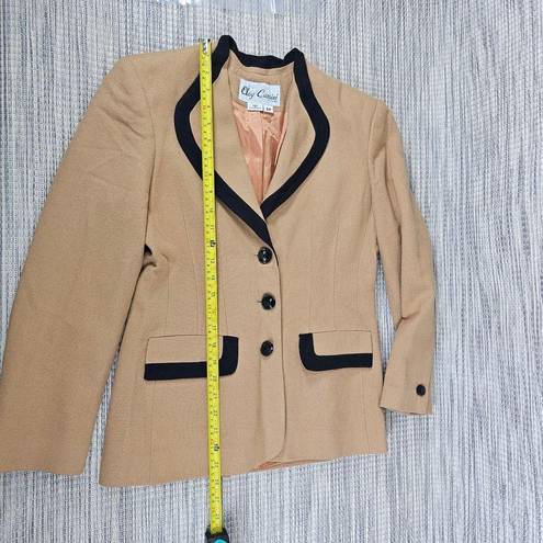 Oleg Cassini Vintage  Womens 6P Petite Wool Tan Black Contrast Trim Button Blazer