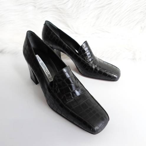 Via Spiga  90s Vintage Black Croc-Embossed Square Toe Leather Heeled Loafers