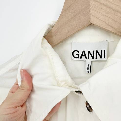 Ganni  Ruched Cotton Poplin Shirt Button Down Long Sleeve White Women's 34 US 4