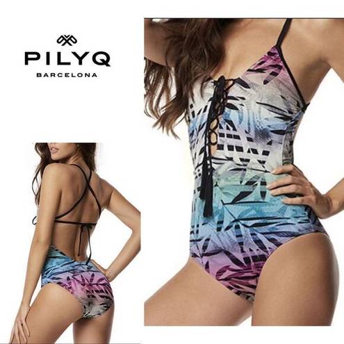 PilyQ New.  lace up front multicolored bamboo print swimsuit. Normally $149