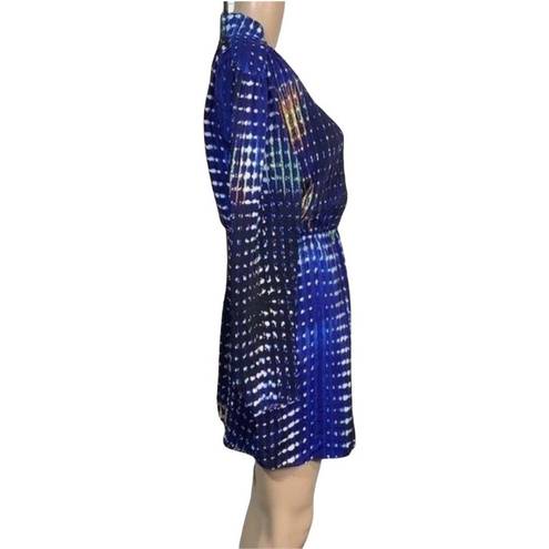 Parker Womens Mini Dress Pure Silk Faux Wrap Blouson Blue Digital Print XS