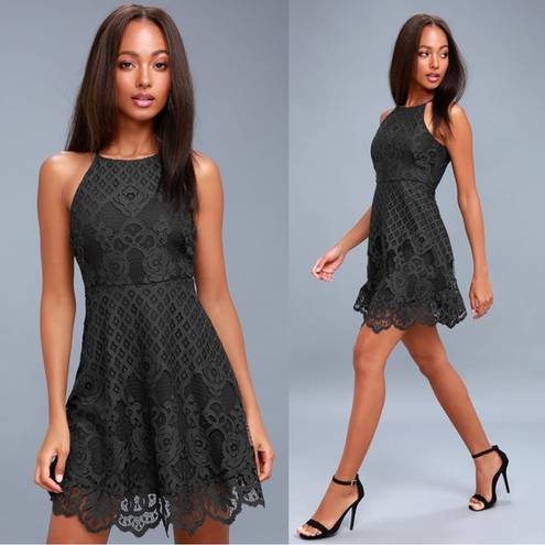 Black Swan  • Charlotte Lace Skater Dress mini apron neck crochet Charcoal Grey