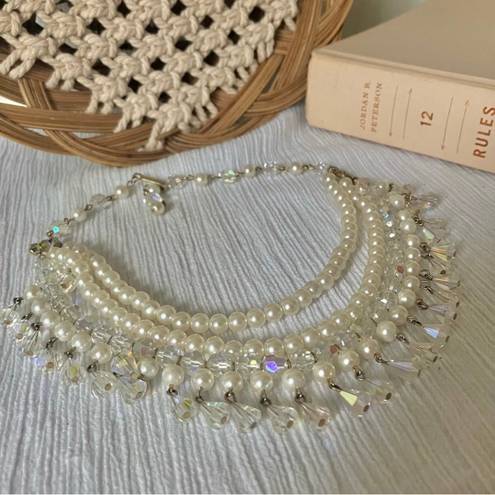 American Vintage Vintage “Darling” Three Strand Pearl Aurora Crystal Choker Necklace Rainbow