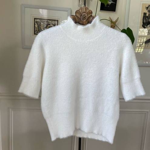 Bailey 44 Soft Mock Neck Fuzzy Faux Fur Pullover Sweater Short Sleeve White L