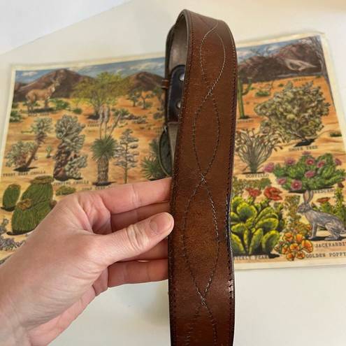 Vintage Distressed Stitched Brown Genuine Leather Eagle Buckle Belt