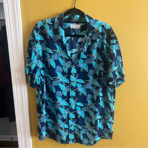 Krass&co Cotton & . button down, blue floral Hawaiian top, oversized,  Large