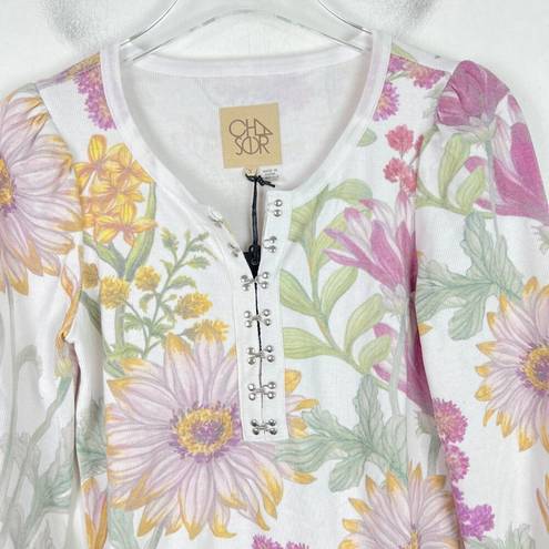 Chaser NWT  Floral Ribbed Hook and Eye Puff Shoulder Henley Top Shirt Size Small