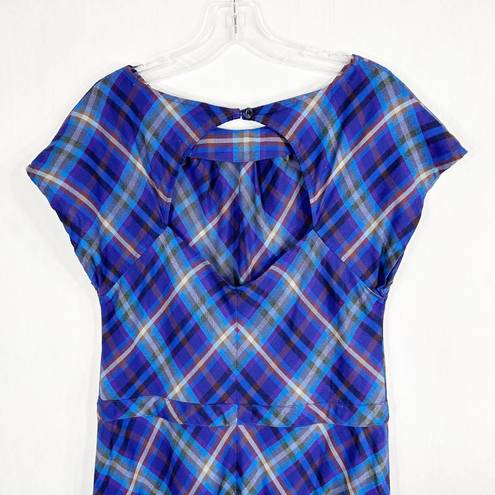 Patagonia  Size 6 Dress Blue Purple Plaid Midi Long Short Sleeve Shift 1135