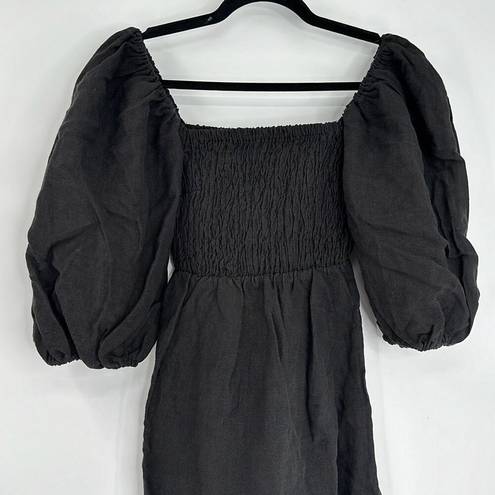 Tuckernuck  Womens Black Linen Annie Smocked Puff Sleeve Mini Dress Size XS