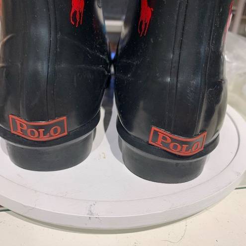 Polo Ralph Lauren Knee-High Rubber Wellies Rainboots Black Red Women, Size 6.5