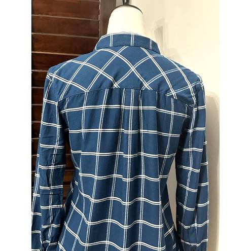 Draper James  Womens Button Up Shirt Blue Plaid Long Sleeve Cuff Round Hem 2