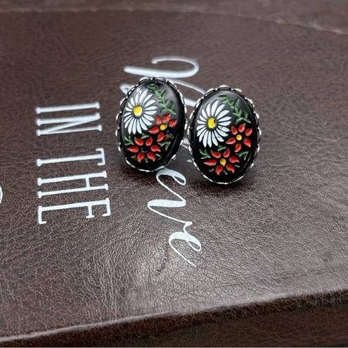 Daisy Vintage 1970s Black White  Red Floral Cabochon Stainless Steel Earrings