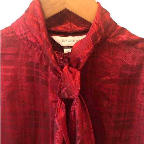 St. John  Red Tartan Print Long Sleeve Blouse 6 Red Tied Bow Career~Wear Dressy