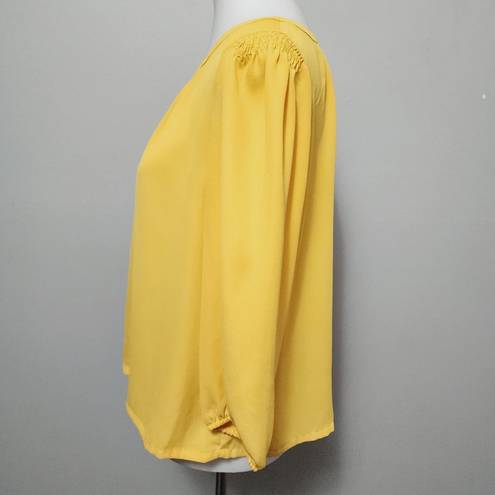 Ny&co 7th Ave NY& Yellow Ruched Crew Neck Button Back ¾ Sleeve Blouse Size Medium