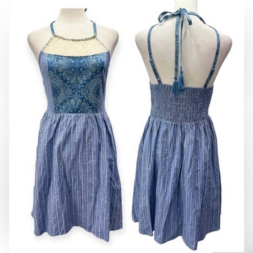 Flying Tomato NEW  Denim Blue Striped Paisley & Lace Ruched Back Halter Dress M