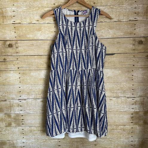 Alya  Blue Blue Leaf Pattern Fit & Flare Sleeveless Dress - Size Large - Zipper