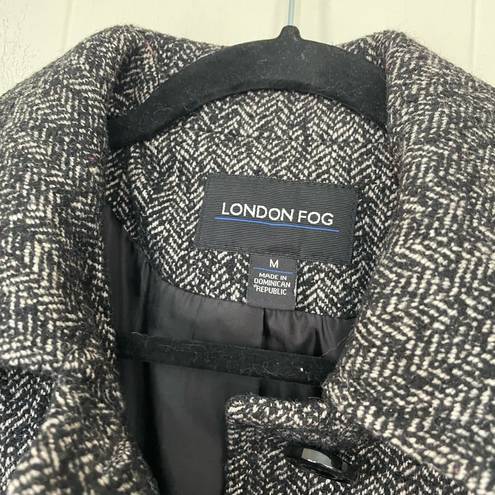 London Fog  Black & White Wool Blend Herringbone Tweed Button Coat ~ Women’s Sz M