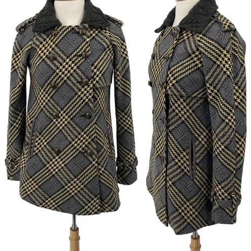Free People  Plaid Peacoat Wool Double Button Down Grey Yellow Womens size 4