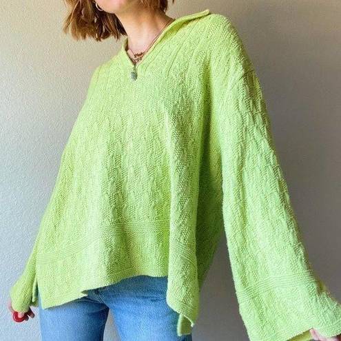 Coldwater Creek Funky  Lime Green Textured Flare Sleeve Quarter Zip Flowy Sweater