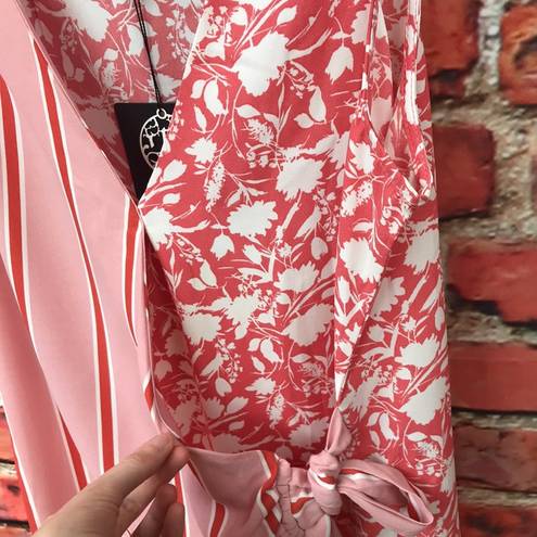 Bobeau Coral and White  Striped with Floral Print Wrap Sleeveless Blouse