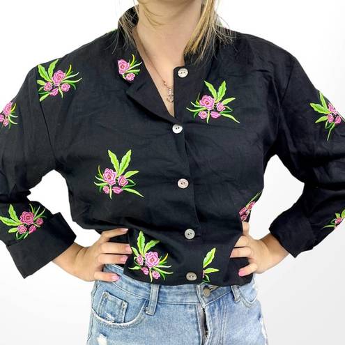 Coldwater Creek 00s  Vintage Black Pink Floral Embroidered Button Up