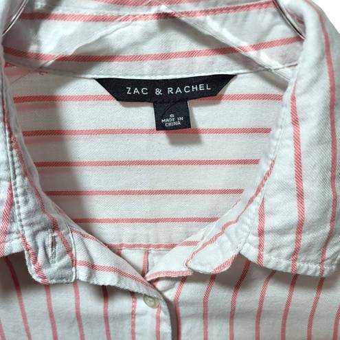 Zac and Rachel  Striped Collared Button Up Roll Tab Sleeves Top in Pink/White