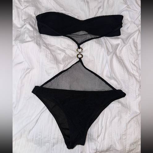 One Piece Black Mesh Cutout  Bikini with Ring Detail