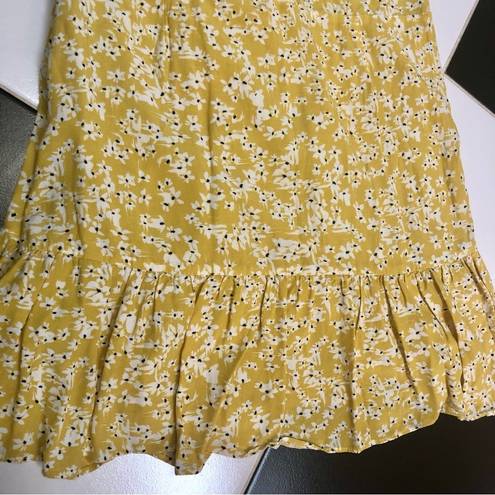 Wish Golden Bloom Floral V-Neck Short Sleeve Dress Ruffle Hem Mustard Yellow szL